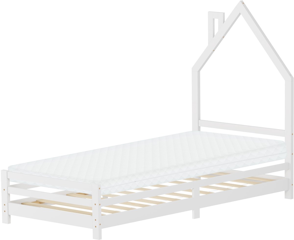 ml-design kinderbed huisserie kinderbedhuis 90x200 cm wit met matras H:10 cm massief houten lattenbodem schoorsteendesign met glijbaan valbeveiliging vloer tot plafond bedframe voor jongens en meisjes eenpersoons speelbed zonder matras