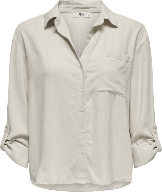 Blouse beige en lin à manches longues, poche poitrine et boutons. Logo JDY sur le col.