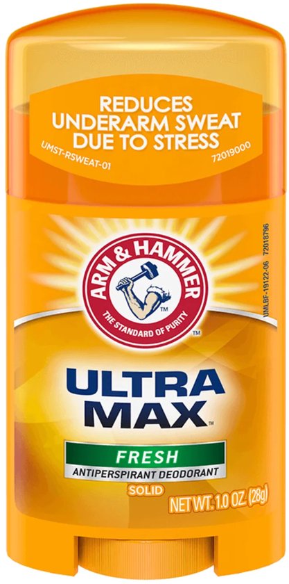 Oranje Arm & Hammer Ultra Max Fresh Solid antiperspirant deodorant stick van 28g, vermindert zweet door stress.