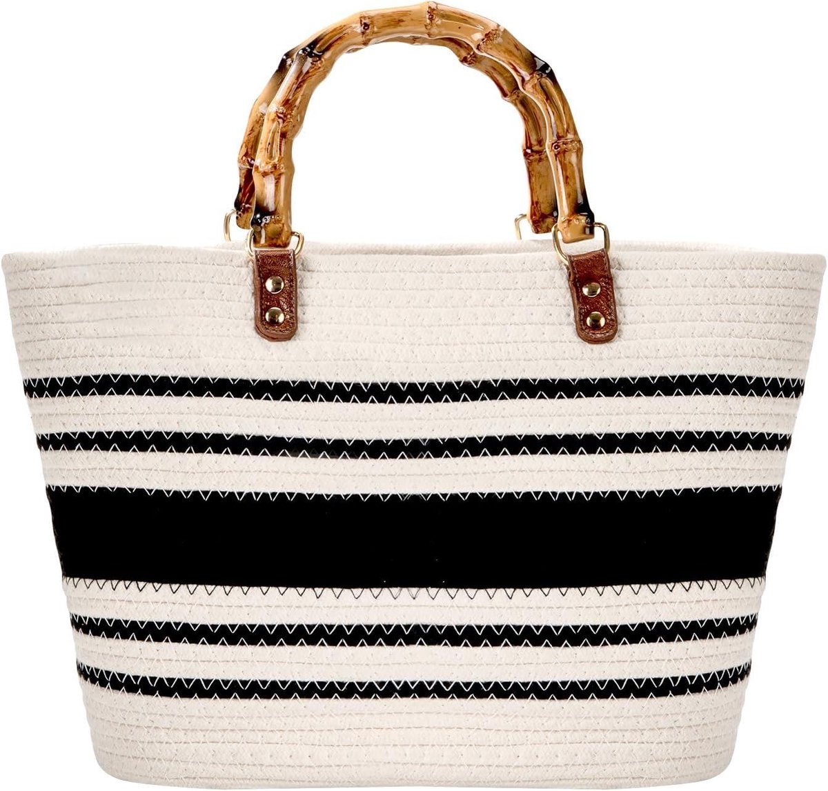 Tote Bag voor Zomer - Grote Handtas in Retro Stijl voor Strandvakantie - Handgeweven met Bamboe Top Handvat - Wit & Zwart - Ideale Tas voor Reizen & Strandplezier