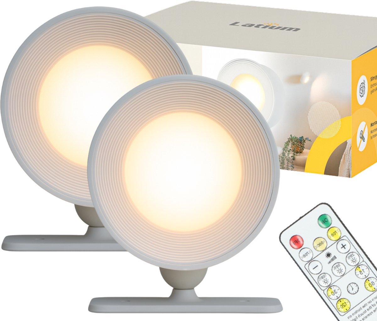 Latium Oplaadbare Wandlampen Set van 2 met Afstandsbediening voor Binnen – Draadloos en USB oplaadbaar – Dimbaar en te Bevestigen zonder Boren - 3 Lichtkleuren – USB Oplaadbaar – Zwart