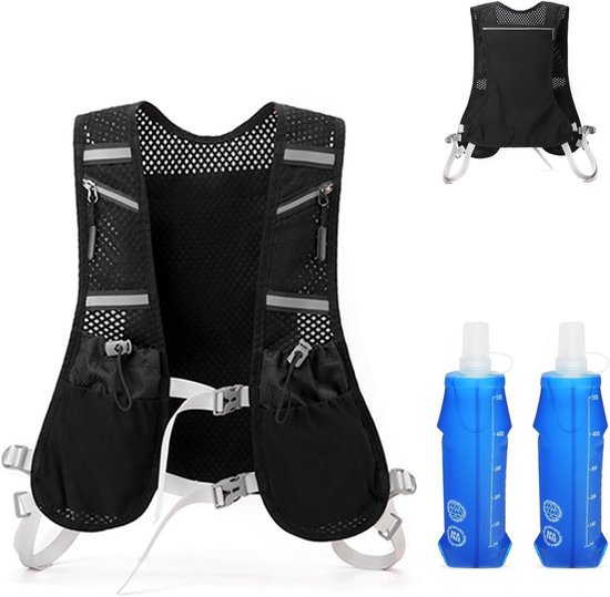 Triathlon Startnummerband, loopband met nummerhouder en 6 houders, softfles of gel voor joggen, fietsen, marathons, zwart, Eén maat, Rekbare startnummerband met gelhouders