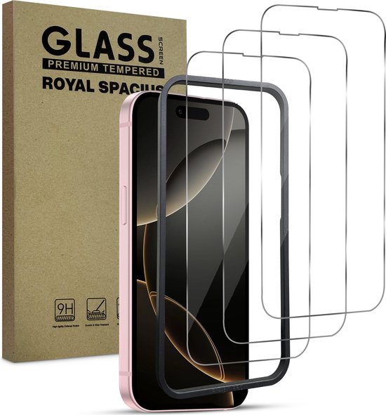 Protection d'écran pour iPhone 16 - Avec outil d'alignement - Verre trempé - Protection d'écran en Tempered Glass - 3 pièces