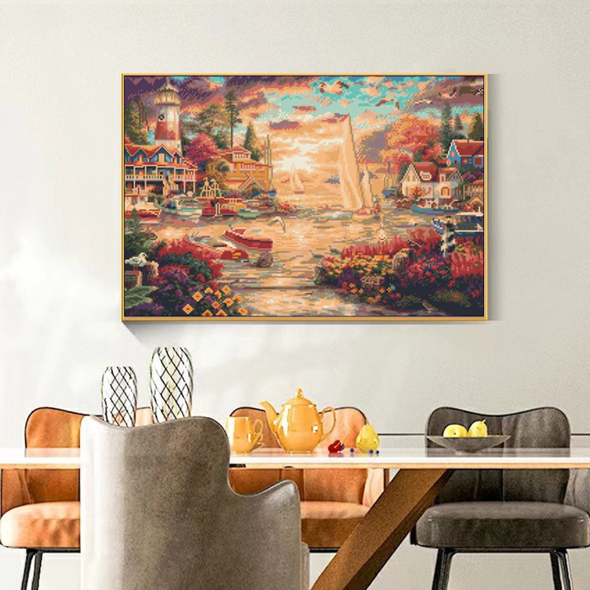 DIY kruissteekborduurpakket/Moderne olieverfschilderij - eenvoudig landschap/borduurpakket met gedrukt kruissteekpatroon (frame niet inbegrepen) 60*85CM