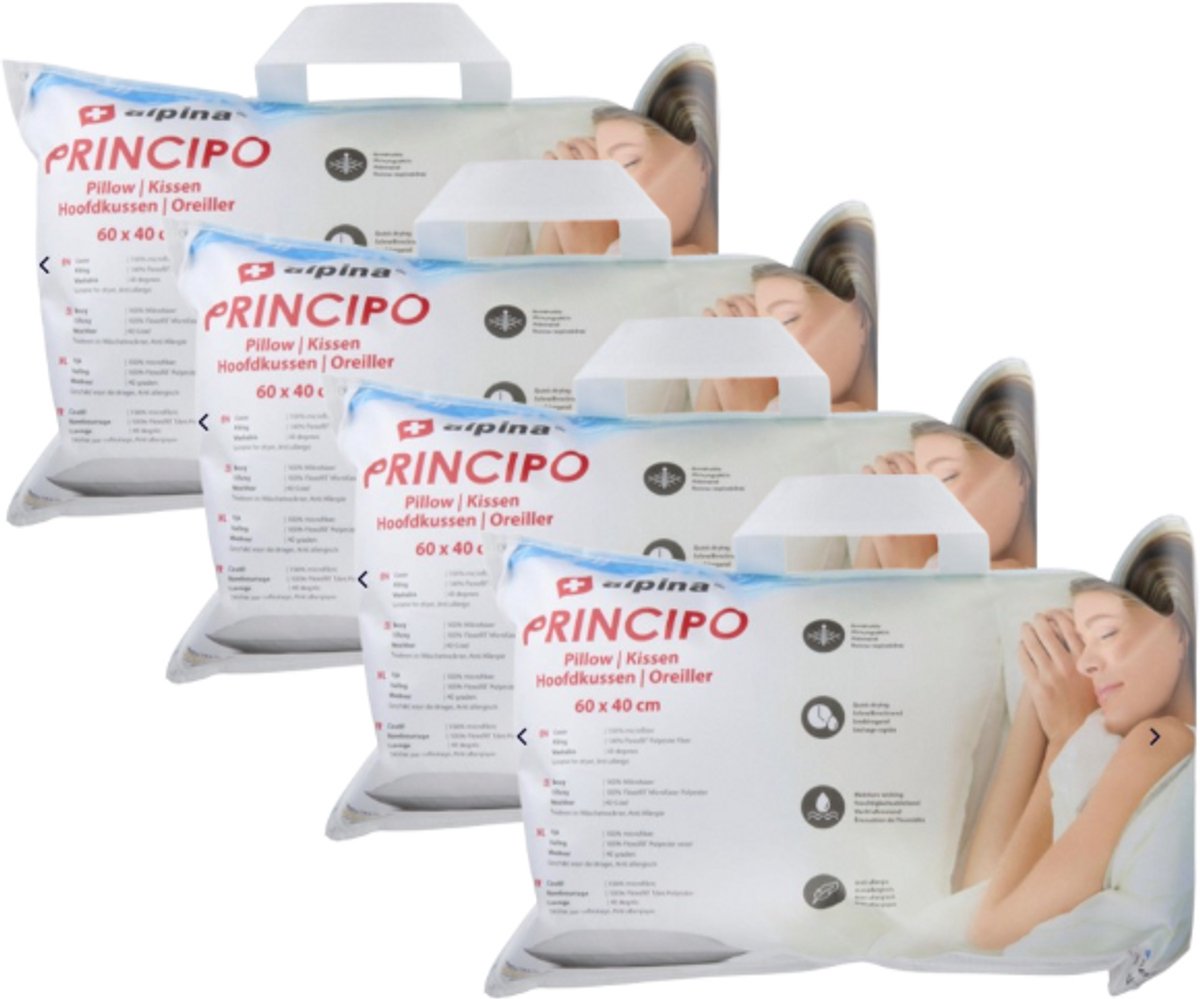 alpina Hoofdkussen 60 x 40 cm - 4 stuks - Kussen voor Bed en Slaapkamer - Ademend, Vocht Afvoerend en Wasmachine Bestendig - voor Buik-, Rug- en Zijslaper - Microvezel/ Katoen - Wit