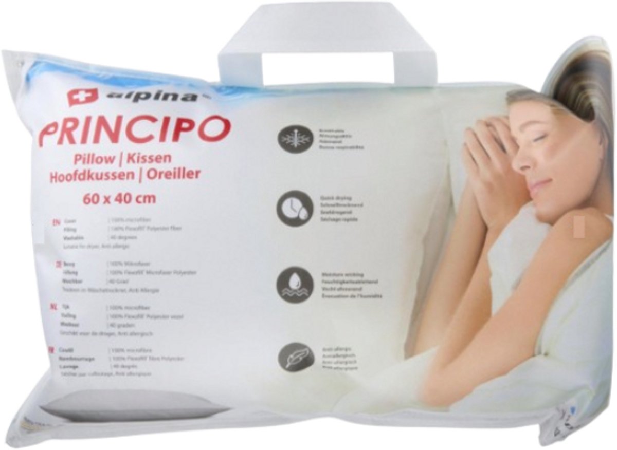 alpina Hoofdkussen 60 x 40 cm - Kussen voor Bed en Slaapkamer - Ademend, Vocht Afvoerend en Wasmachine Bestendig - voor Buik-, Rug- en Zijslaper - Microvezel/ Katoen - Wit