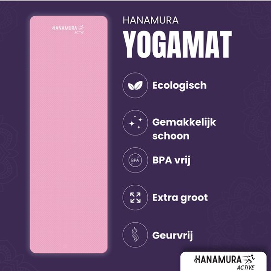 Hanamura Active Yoga Mat - Inclusief draagbare Opbergtas & strap - Fitnessmat van TPE Materiaal - Milieuvriendelijke Fitness Mat - 183x61 - Pilates Mat van 8 mm dik - Roze van Hanamura — afbeelding 4