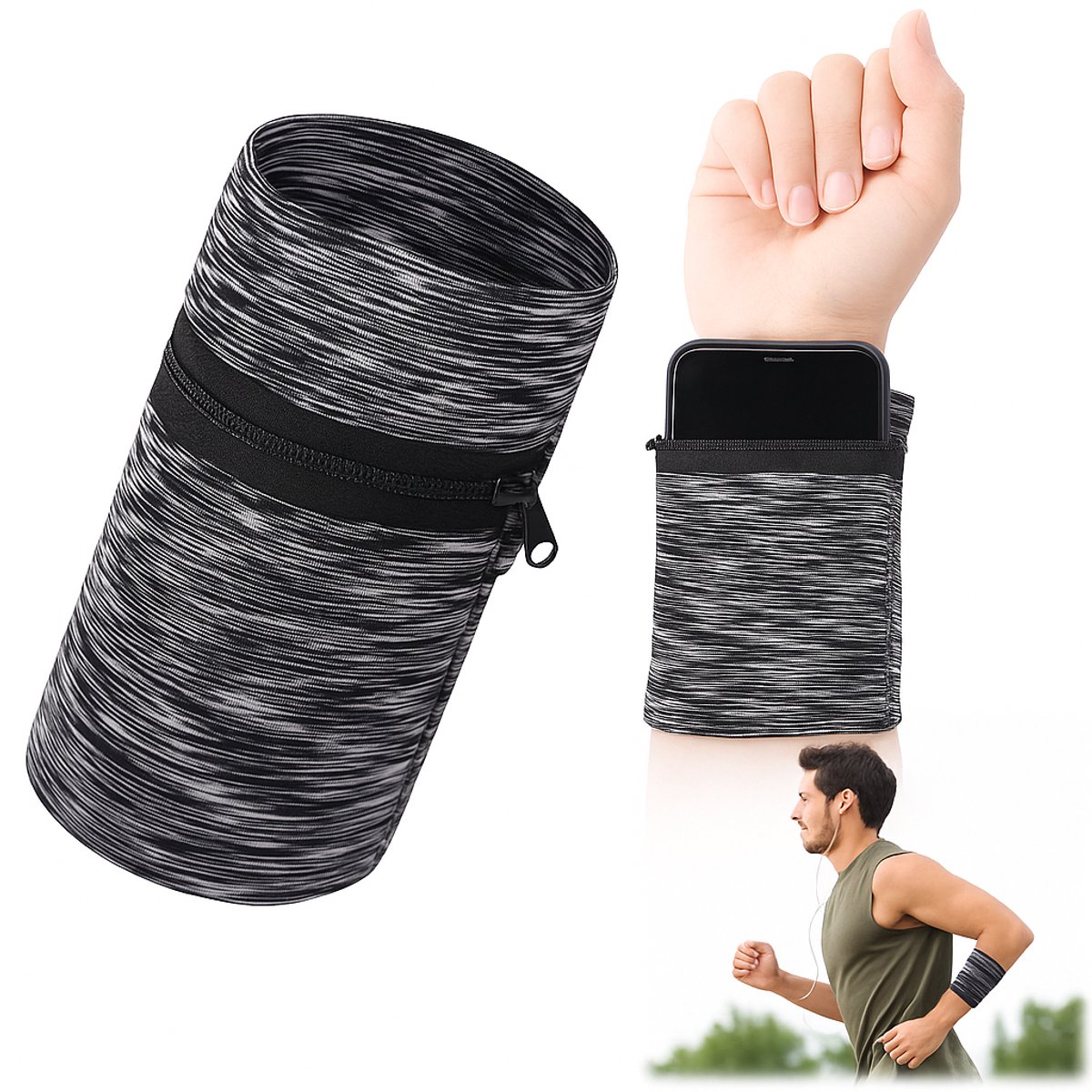 Pols Portemonnee Met Rits I Wrist Wallet I Running Polsband I Smartphone Opbergen I Running Armbelt I 2 Vakken I Zwart Patroon