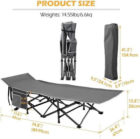 HouseABC Folding Camping Bed Foldable Lightweight Up to 200 kg Camping Bed with Mattress Folding Bed Camping Indoor Outdoor Beach Garden (Black