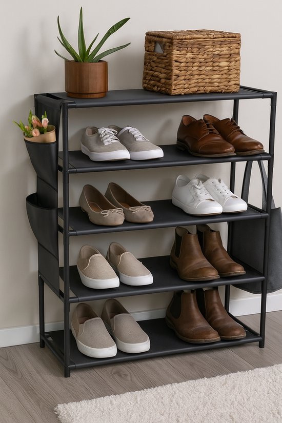 Armoire à chaussures en métal à 4 niveaux avec housse, organiseur de rangement à chaussures durable pour entrée, économie d'espace avec trous d'aération avant, 15 x 135,9 x 50 cm, anthracite