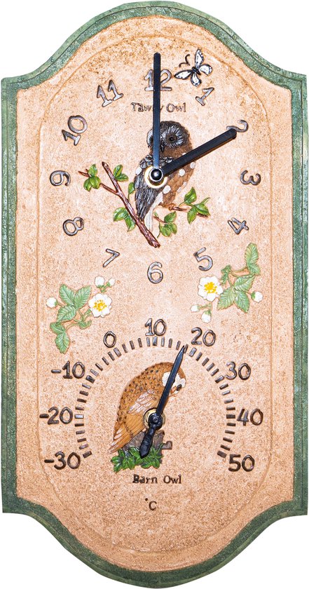 Wandklok met thermometer, decoratie met uilen, vlinder en bloemen. Lichte crème kleur met groene rand.