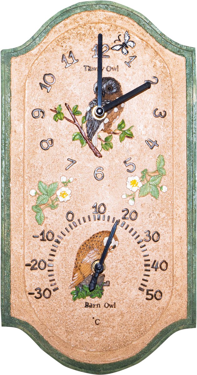St. Helens Home & Garden Uil Design Wandklok – Inclusief Thermometer – Weerbestendig Polyresin – 38 × 20 × 4,7 cm
