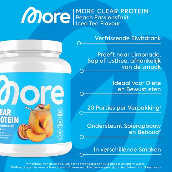 MORE NUTRITION Clear Whey Isolate Proteine Poeder, Peach Passion Fruit Ice Tea, 600 g, 20 Porties Heldere Wei Poeder - Lactosevrij Eiwitshake — afbeelding 2