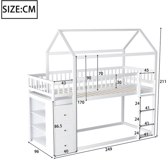 ZYLOYAL10 Kinderstapelbed, tweepersoonsbed, multifunctioneel kinderbed, met planken, met glijbaan, zonder matras, wit, 90 x 200 cm