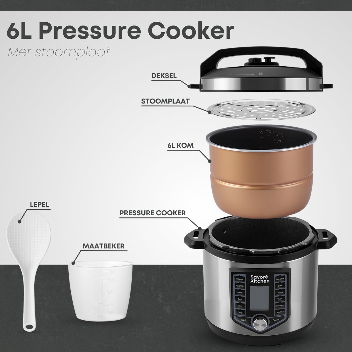 Afbeelding 3 van Savoré Kitchen Pressure Cooker – 6L – PFAS Vrij – Snelkookpan, Rijstkoker, Slowcooker, Stomer & Sous-vide in één – Multicooker