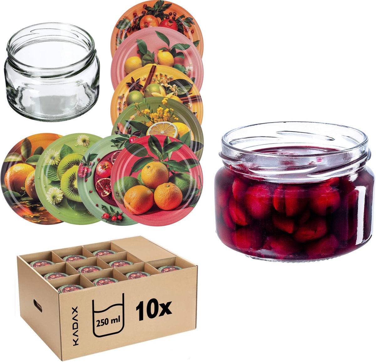 Denia Weckpotten 250ml 10st 82mm + Deksel "Exotisch Fruit"