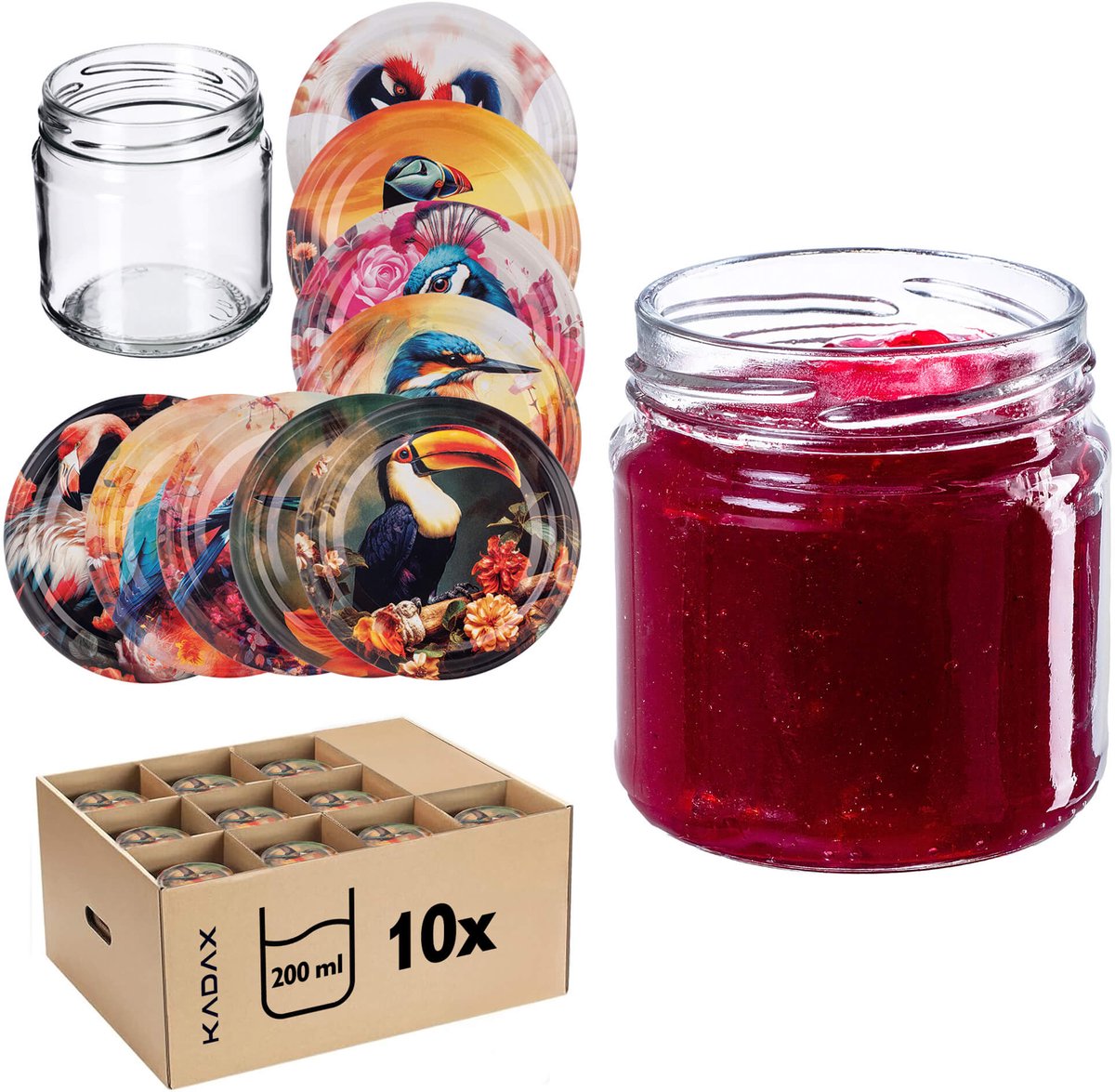 Lerma Weckpotten 200ml 10st 66mm + Deksels "Vogels"