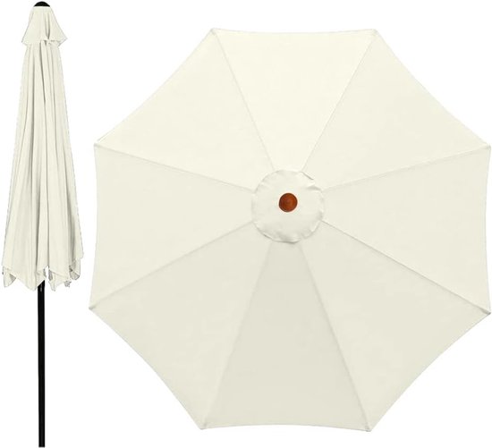 Off-white parasol, open en gesloten, met zwarte paal.