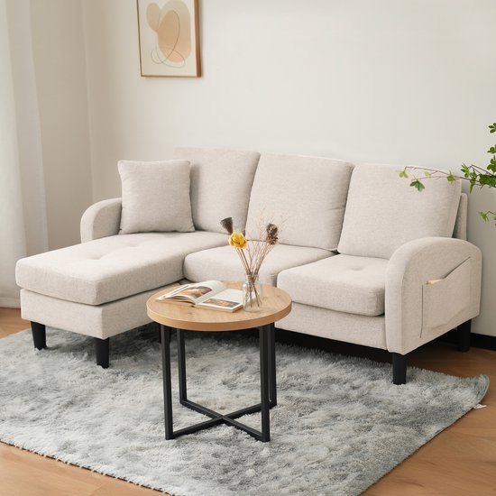 Canapé d'angle en L Pugsdrly avec méridienne – canapé 3 places, 166 x 118 x 77 cm, tissu respirant en coton et lin, pieds en plastique, design modulaire, idéal pour les salons, les appartements et les bureaux