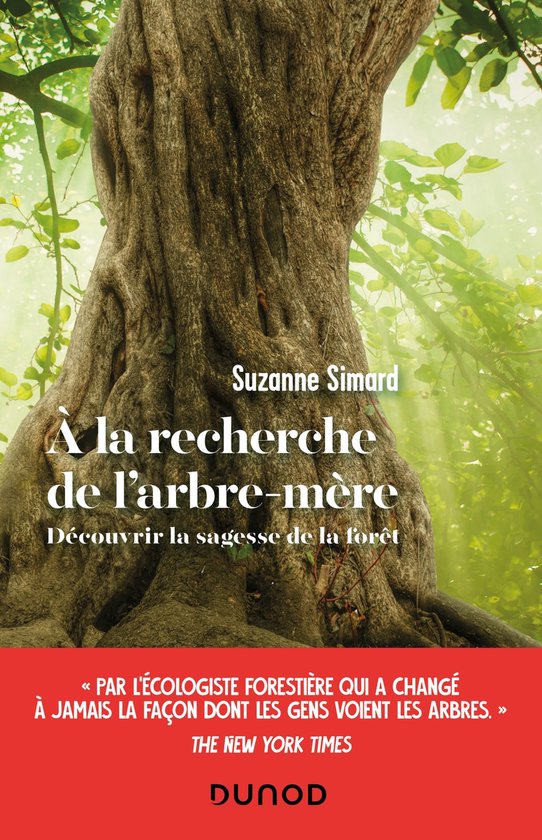 Boekomslag met de titel 'À la recherche de l'arbre-mère' van Suzanne Simard, met een afbeelding van een grote boomstronk.