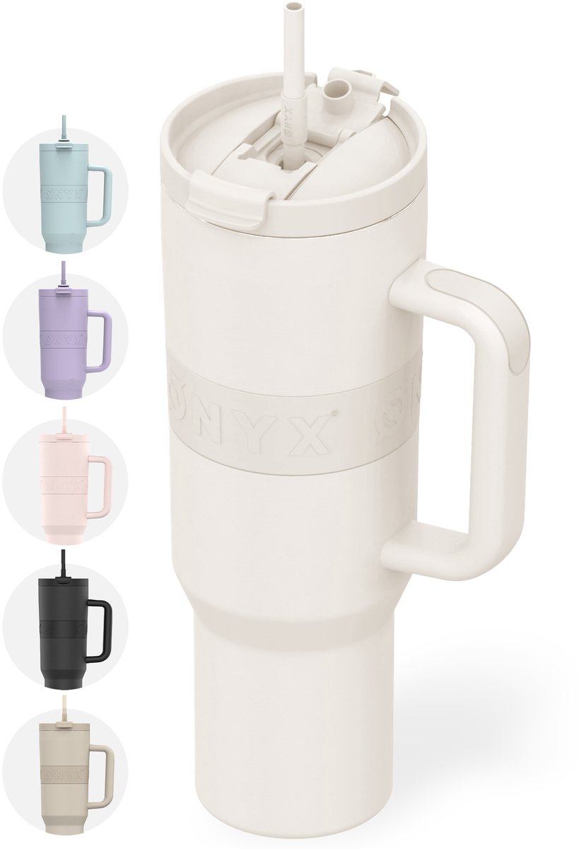 ONYX Drinkfles met Rietje 1.2 Liter - Waterfles voor Kinderen & Volwassenen - Thermosbeker RVS Travel Mug - Motiverende Drinkbus - Drinkbeker voor School - Coco White