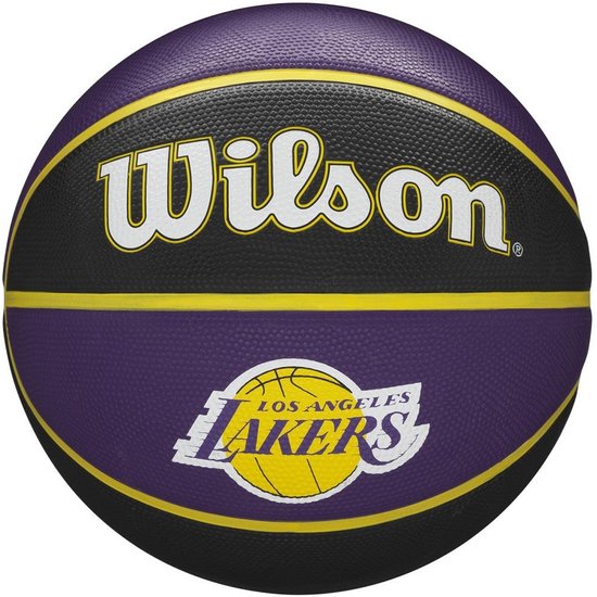 Paarse basketbal met zwarte lijnen, gele accenten en het Los Angeles Lakers logo.