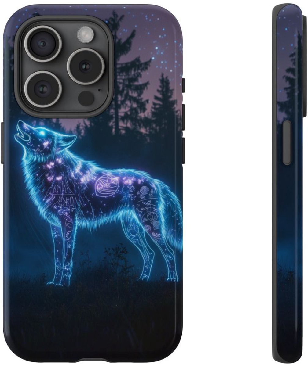 Gloeiende Wolf met Oeroude Symbolen – Telefoonhoesje Geschikt voor iPhone 15 Pro