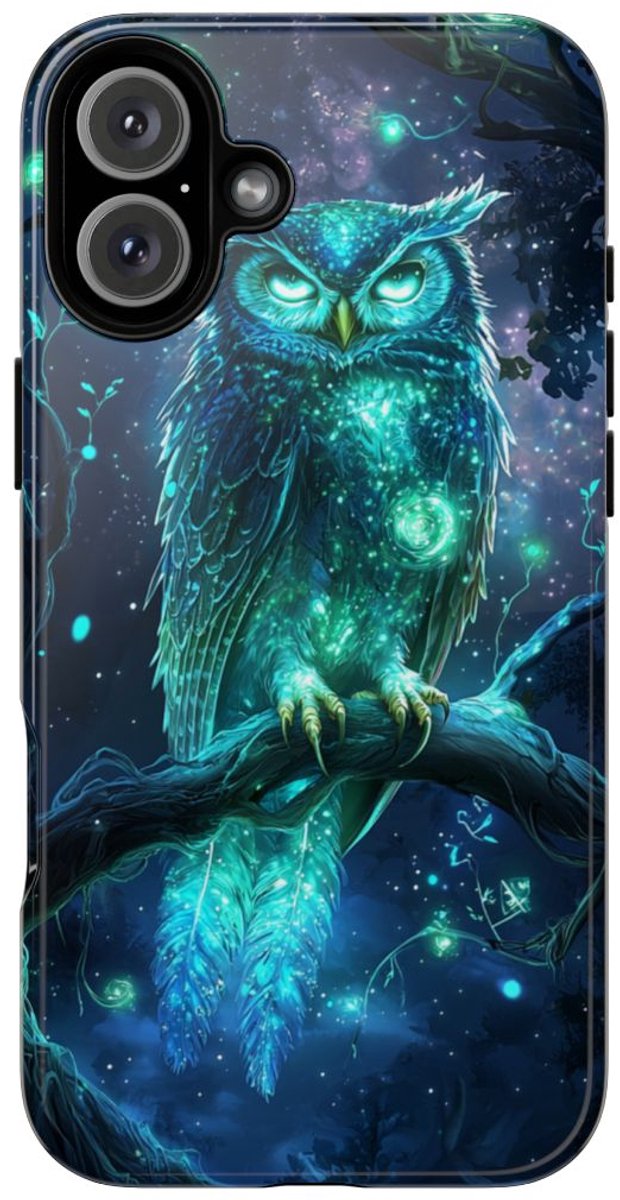 Glinsterende Mystieke Uil op Tak – Telefoonhoesje Geschikt voor iPhone 16 Plus