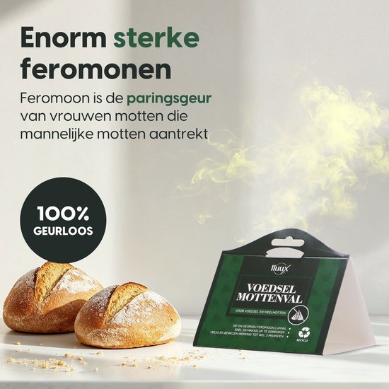 Voedselmottenval met twee broden, "Enorm sterke feromonen" en "100% geurloos".