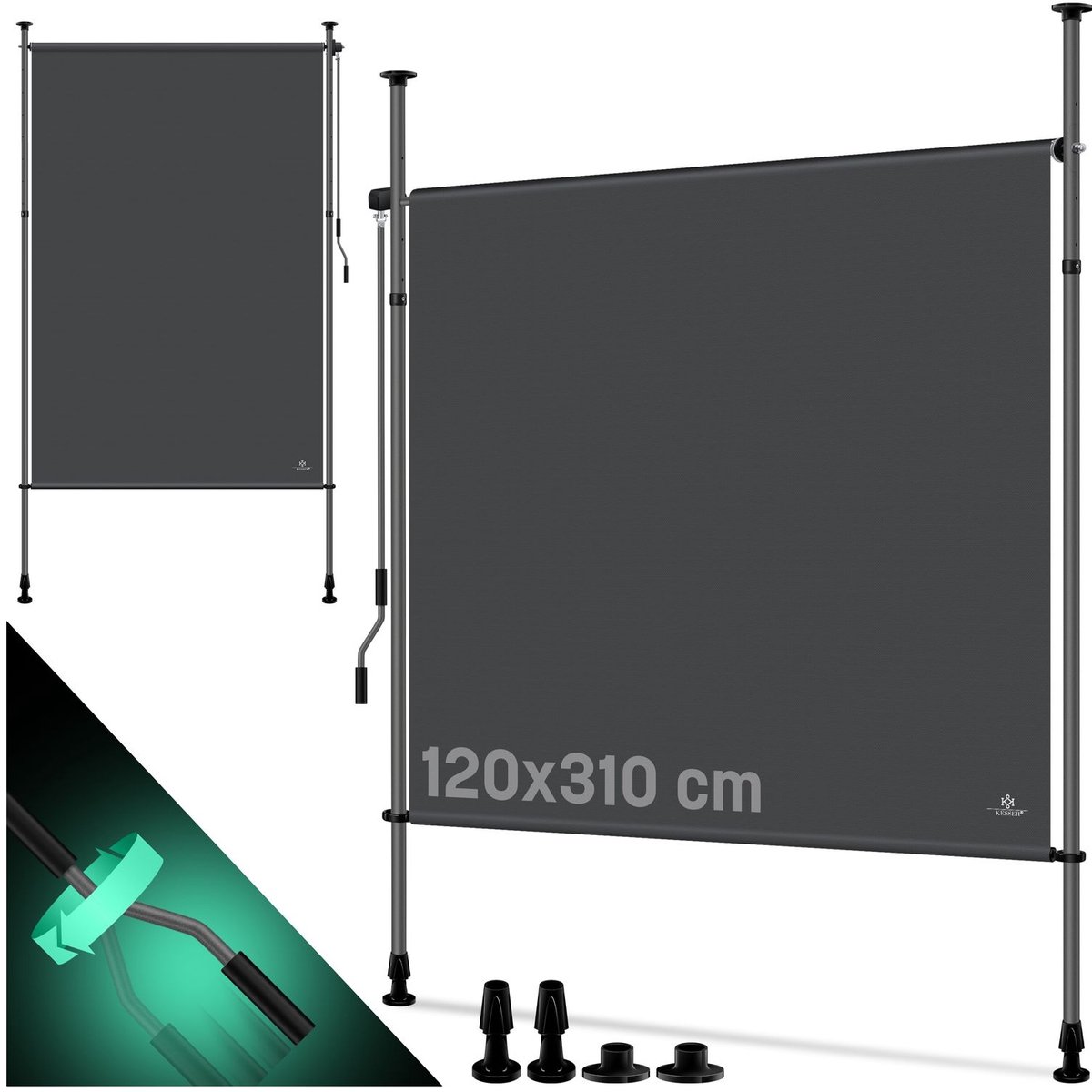 KESSER® Klemzonwering, 120x310 antraciet verticale zonwering voor buiten, uitschuifbaar en ondoorzichtig | Verticale zonwering met handslinger, geen boren nodig | Balkonscherm en windbescherming voor tuin en terras, waterdicht