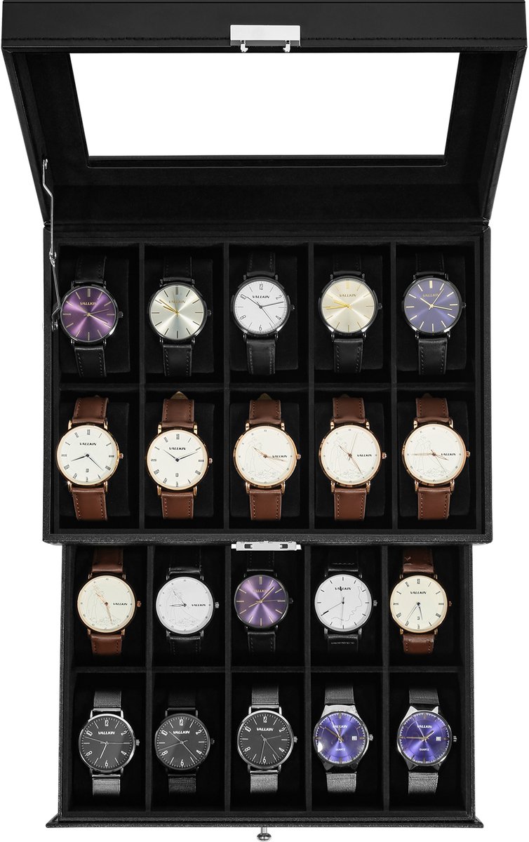 Uten Luxe Horlogedoos - Horloge Box Heren Dames - Geschikt voor Horloges en Sieraden - 20 vakken - Zwart