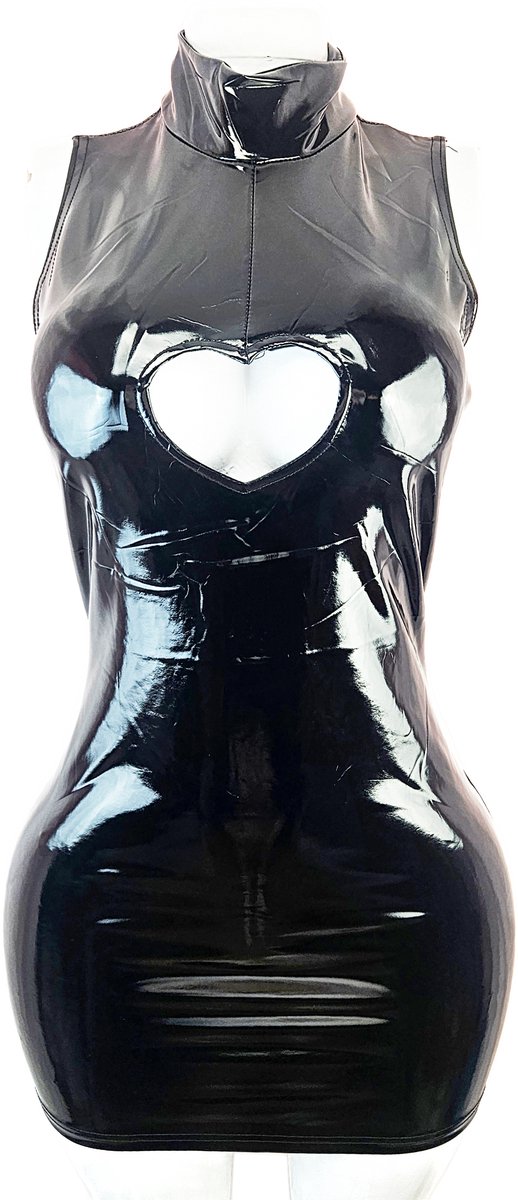 Jurk - Maat S/M - Datex ( mix van latex en stof) wetlook kleed glans met opening zwart