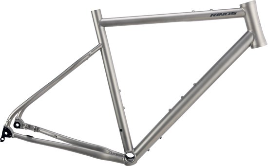 Zilverkleurig titanium fietsframe met Rinos logo op de bovenbuis.