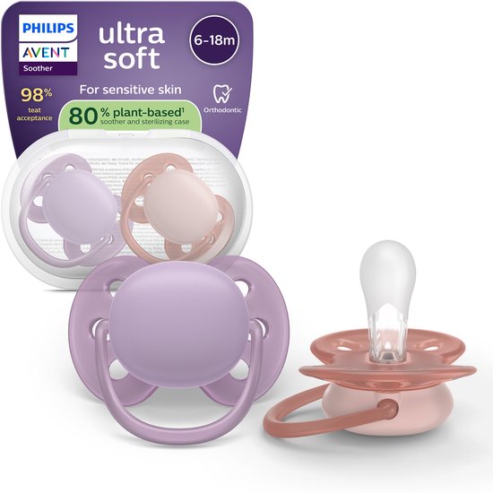 Philips Avent Ultra Soft – Superzachte siliconen fopspeen (6-18 mnd) – Voor gevoelige huid – 2 stuks - SCF091/43