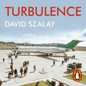 Boekcover 'Turbulence' van David Szalay met een vliegtuig op een landingsbaan, omringd door mensen en bagage.