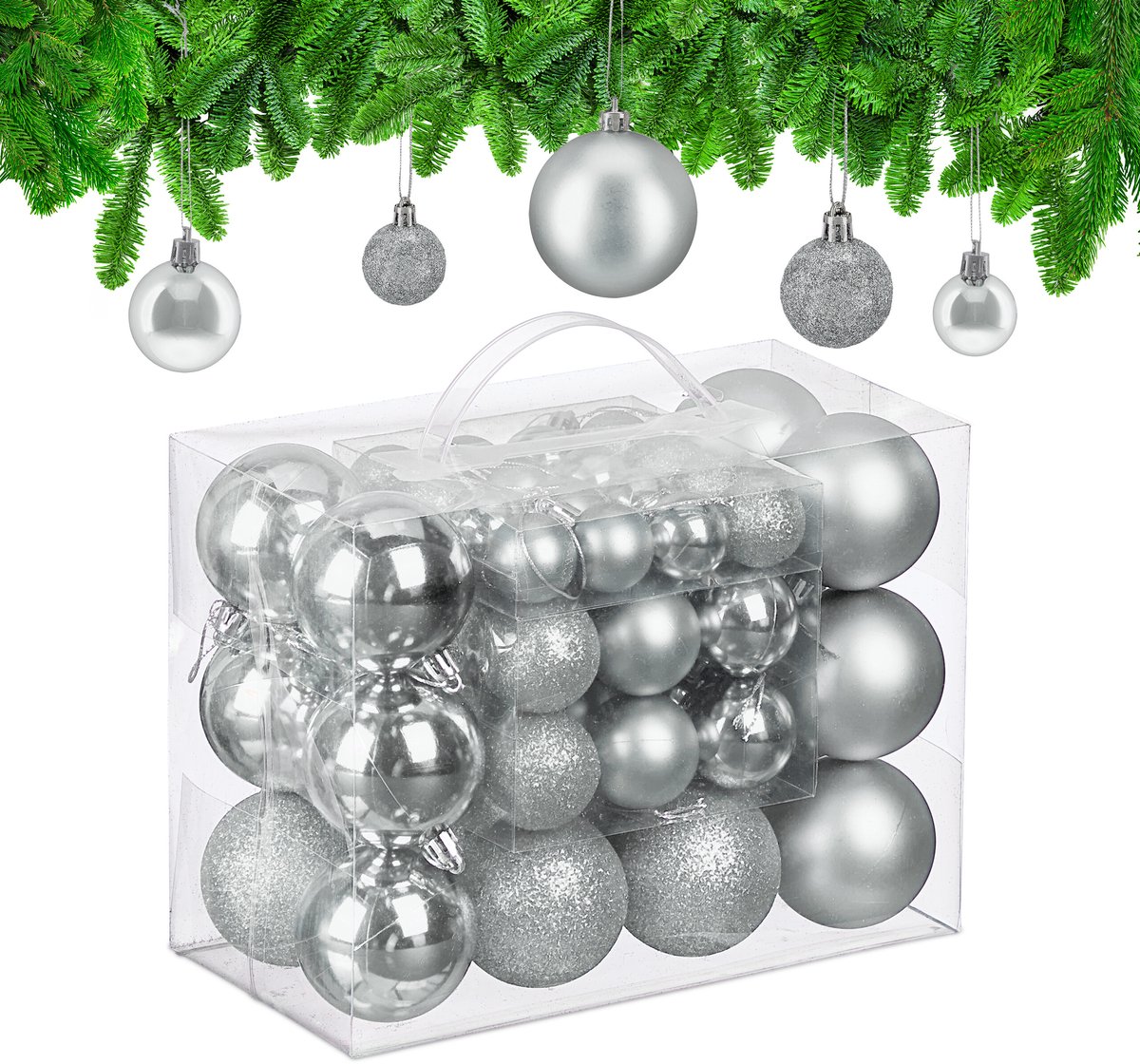 kerstballen set van 50 - Ø 3, 4 en 6 cm - plastic - onbreekbaar - zilver