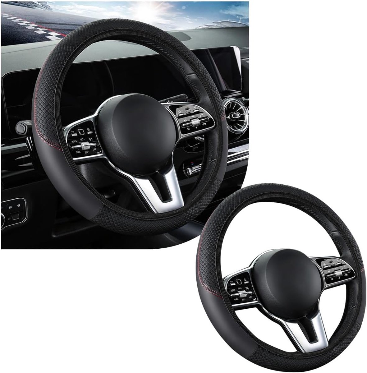 Stuurhoes voor Auto - 15 Inch Ademend Leren Stuurhoes voor Auto - Universele Auto-Interieuraccessoire - Zwart