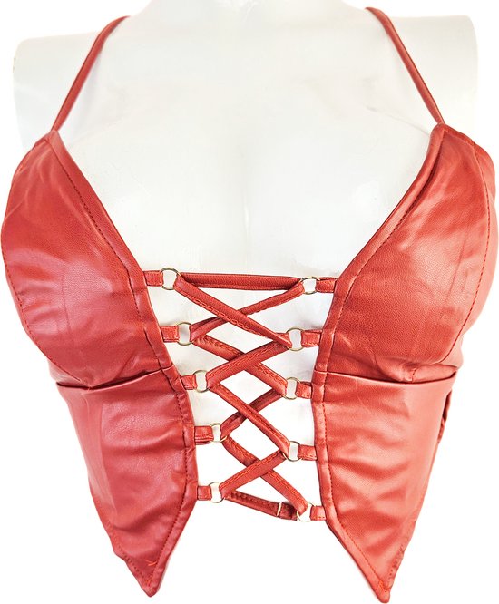 Haut - Taille L/XL - Soutien-gorge court sexy en similicuir avec fermeture à lacets Rouge