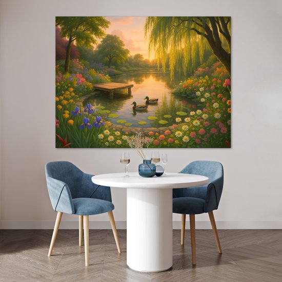 Poster 160x120 cm - Eenden - Vijver - Bloemen - Posters - Kamer decoratie - Wanddecoratie woonkamer - Muurdecoratie slaapkamer XXL