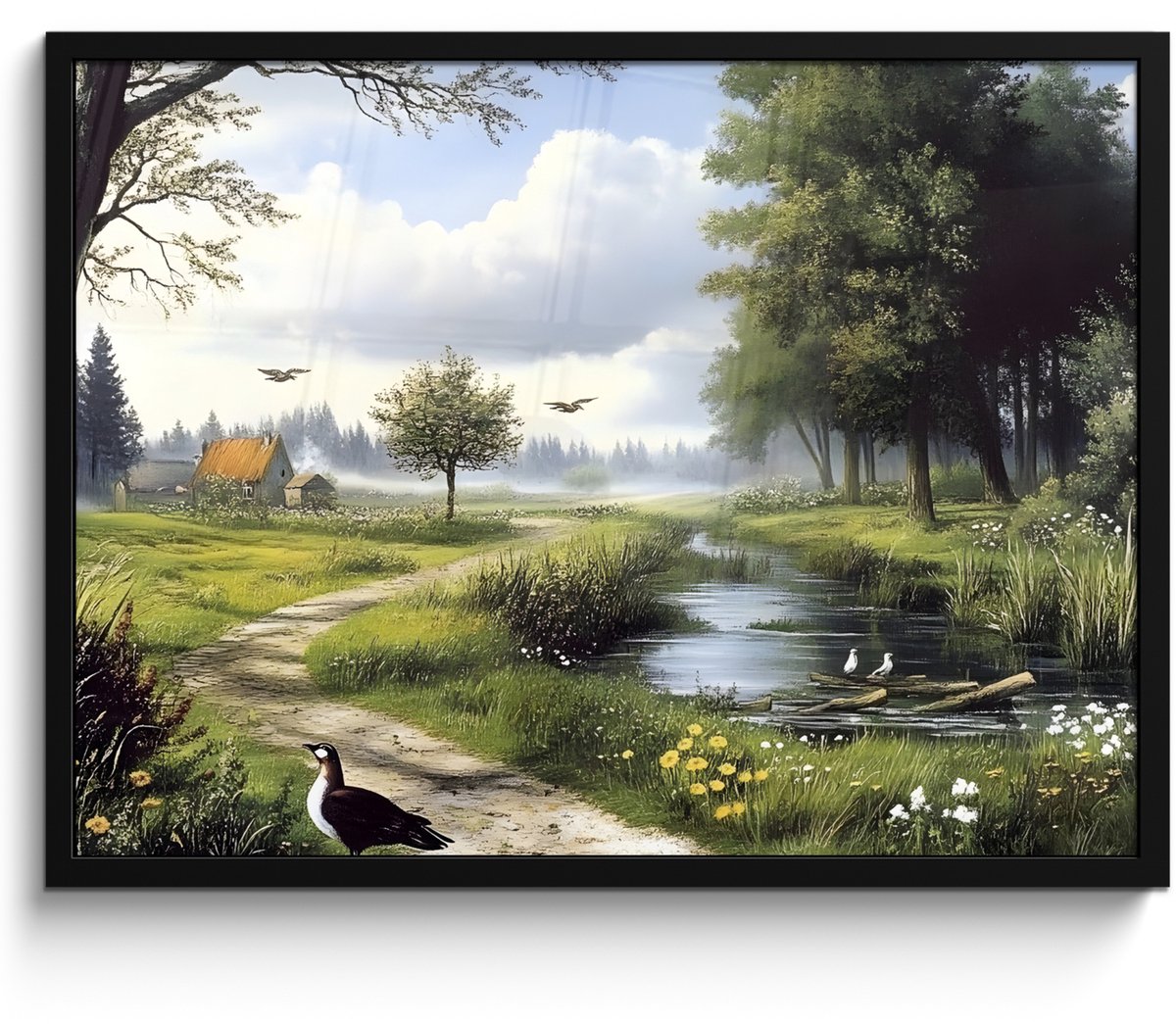 FrameYourWall Poster in lijst - Fotolijst 80x60 cm - Posters - Zandpad - Groen landschap - Water - Posterlijst zwart - Decoratie - Wanddecoratie woonkamer - Muurdecoratie slaapkamer