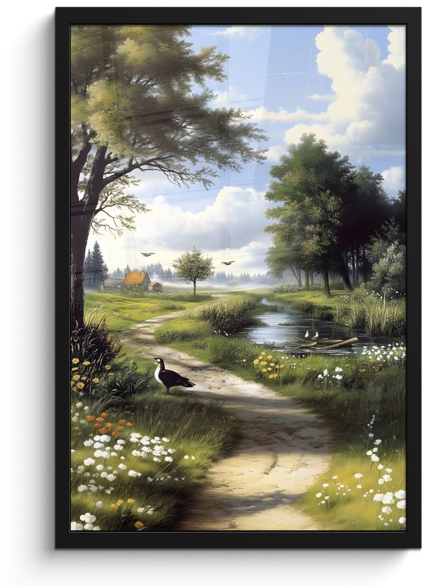 FrameYourWall Poster in lijst - Fotolijst 40x60 cm - Posters - Zandpad - Groen landschap - Water - Posterlijst zwart - Decoratie - Wanddecoratie woonkamer - Muurdecoratie slaapkamer Zandpad - Water