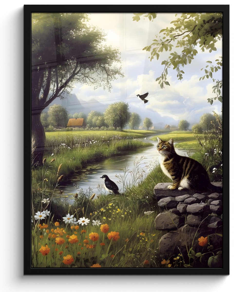 FrameYourWall Poster in lijst - Fotolijst 60x80 cm - Posters - Kat - Beekje - Weide - Posterlijst zwart - Decoratie - Wanddecoratie woonkamer - Muurdecoratie slaapkamer Kat - Natuur