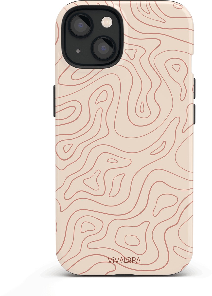VivaLora Tough Telefoonhoesje iPhone 13 met MagSafe - Wavy Lines Print - 2-in-1 Phone Case - Hard Case & Siliconen Backcover - Extra Bescherming - Shockproof Cover - Ecru/Rood