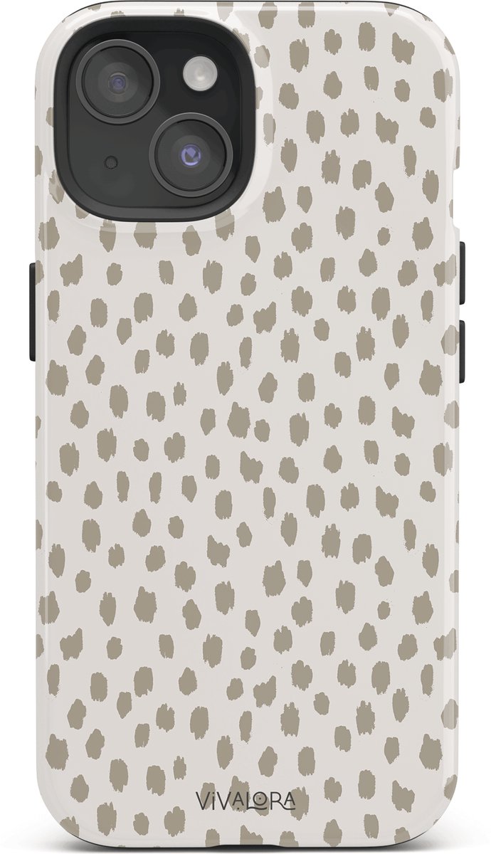 VivaLora Tough Telefoonhoesje iPhone 15 met MagSafe - Wild Dots Print - 2-in-1 Phone Case - Hard Case & Siliconen Backcover - Extra Bescherming - Shockproof Cover - Dierenprint - Panter Beige