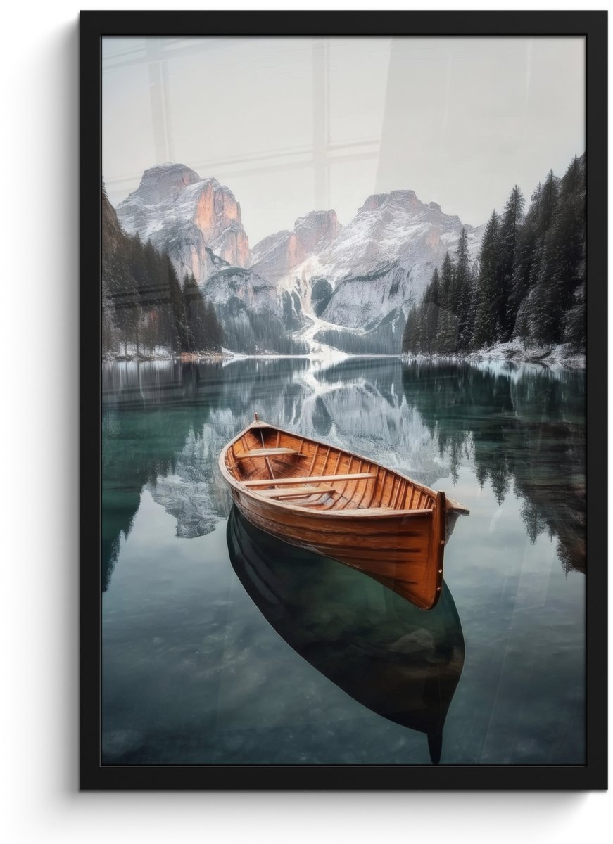FrameYourWall Poster in lijst - Fotolijst 40x60 cm - Posters - Boot - Bergen - Natuur - Water - Posterlijst zwart - Decoratie - Wanddecoratie woonkamer - Muurdecoratie slaapkamer