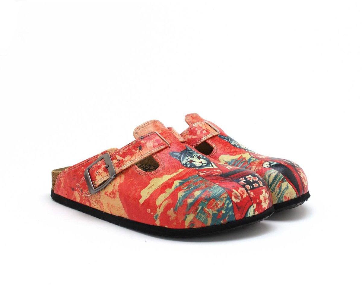 GOBY Dames Clogs Rood Kattenprint Handgemaakte Instappers Vegan Leer Ergonomisch Voetbed
