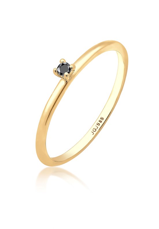 Schuine aanzicht van een gouden ring met een zwarte diamant en de gravure JGJ 585 aan de binnenkant.