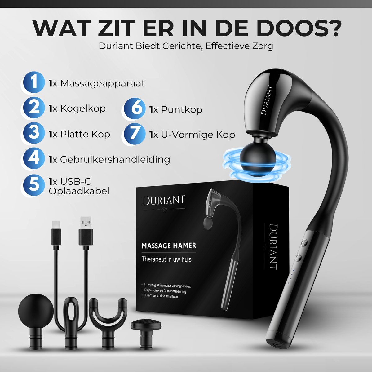 Duriant®- Massage gun professioneel-Unieke 2-in-1 Functionaliteit-Massage gun- Professioneel- Massage pistool- 4 opzetstukken- Ergonomisch Gebogen Design – Spierherstel & Ontspanning-Volledige lichaamsmassage –Overal inzetbaar- Zwart — cadeau in Sport & Outdoor - foto 4