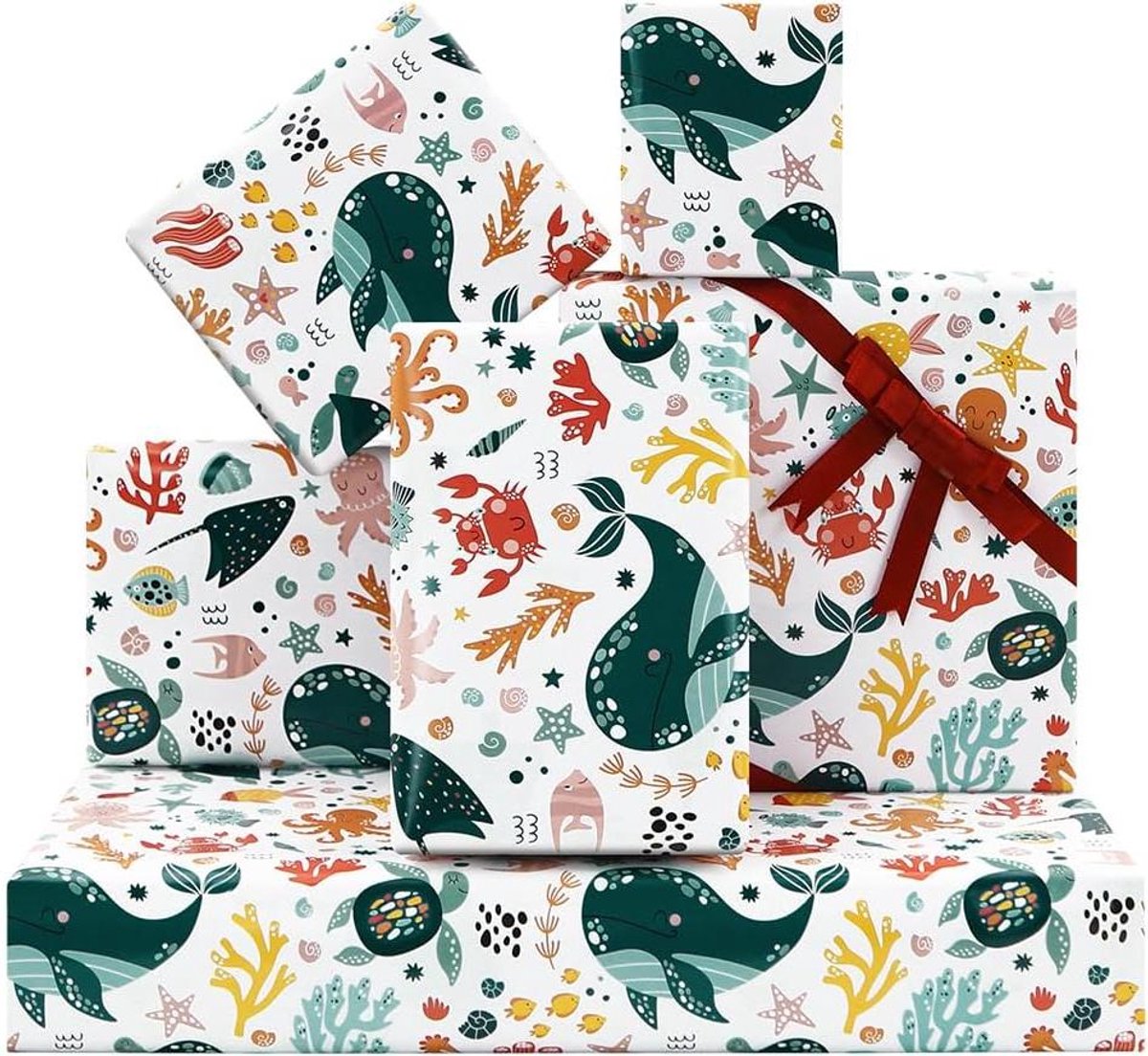 Inpakpapier voor verjaardag - Zeedieren - 4 grote vellen - 50x70 cm - Rood lint - Blauwe vinvis - Rode krab - Zeepaardvissen - Octopus