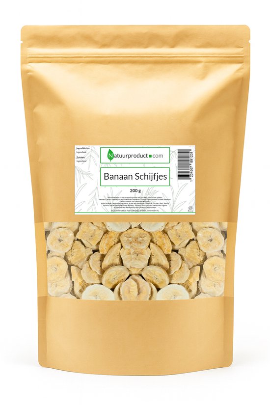 Bruine verpakking met een venster vol gevriesdroogde bananenschijfjes. Tekst: 'Banaan Schijfjes', '200 g'.